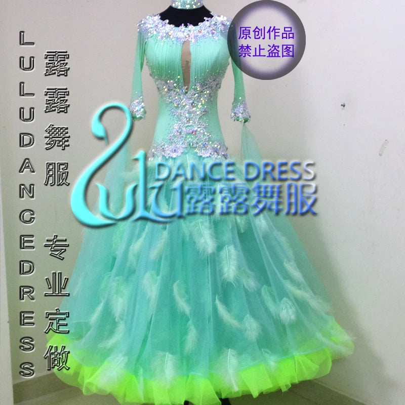 Ballroom Dance Dress Women's Mint Green Beaded Mesh Feather Gown Standard Competition.