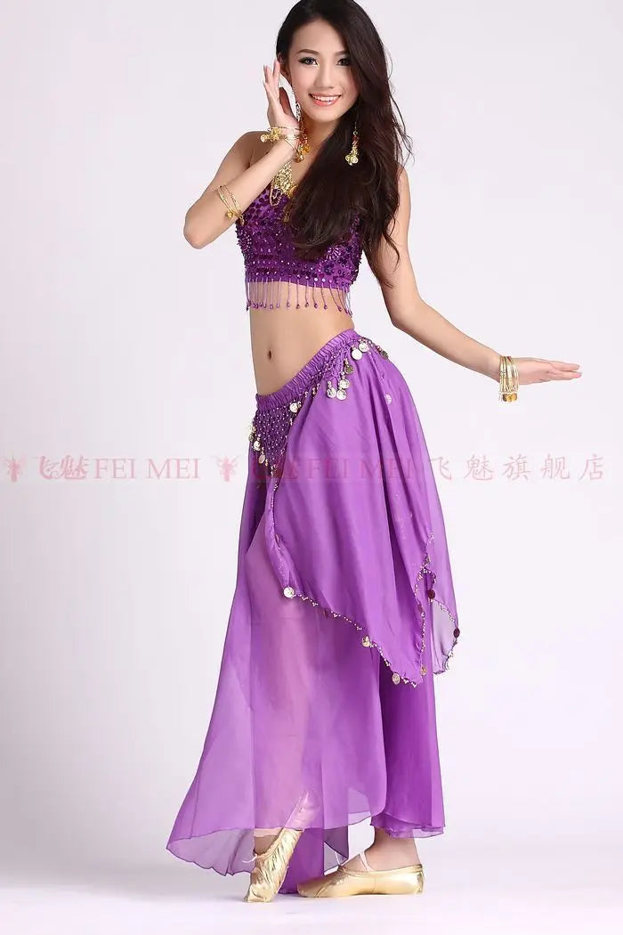 Women's Royal Blue Sequin Halter Belly Dance Costume Set with Coin Skirt