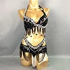 Belly Dance Costume, Women's Black & Silver Beaded Halter Top & Skirt Set, Sequin & Bead Fringe, Performance Wear