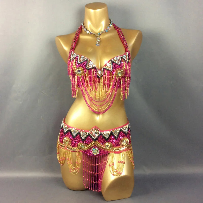 Belly Dance Costume Women Gold Sequin Beaded Fringe Halter Top and Belt Set with Rhinestone Necklace