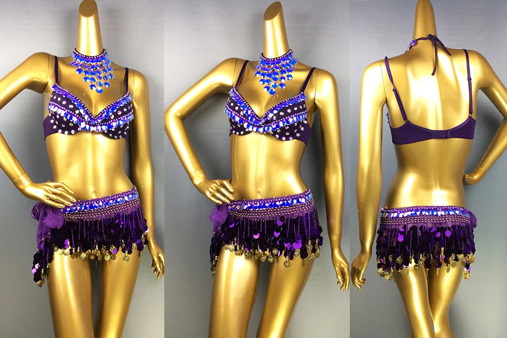 New Sexy Samba Belly Dance Costume for Women Hand Beaded sequins purple Color Bra and Scarf Necklace 3 pieces