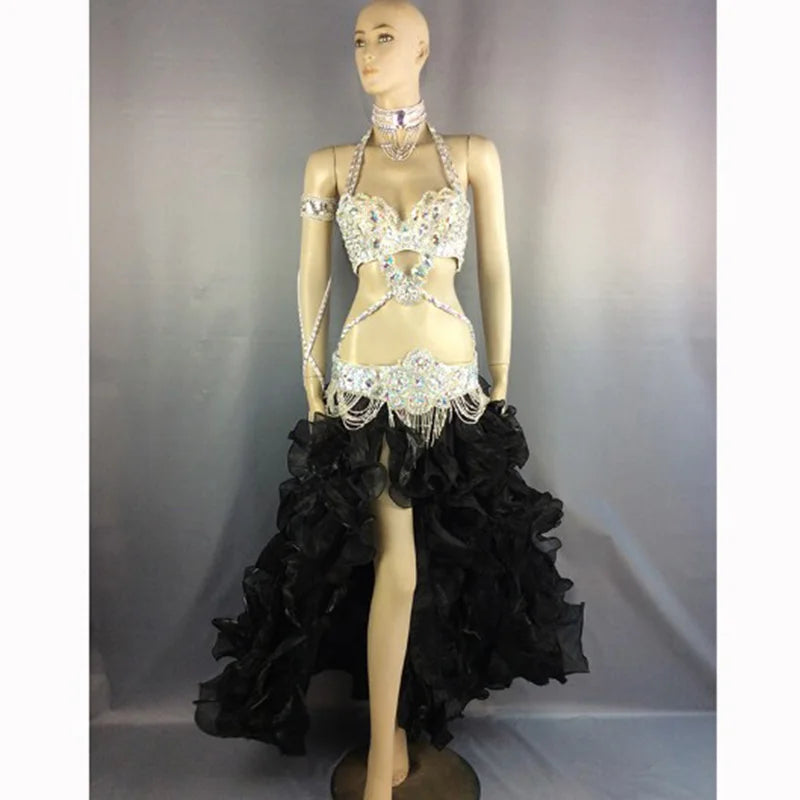Women's White Sequin & Rhinestone Embellished Halter Neck Belly Dance Costume with Ruffled High-Low Skirt