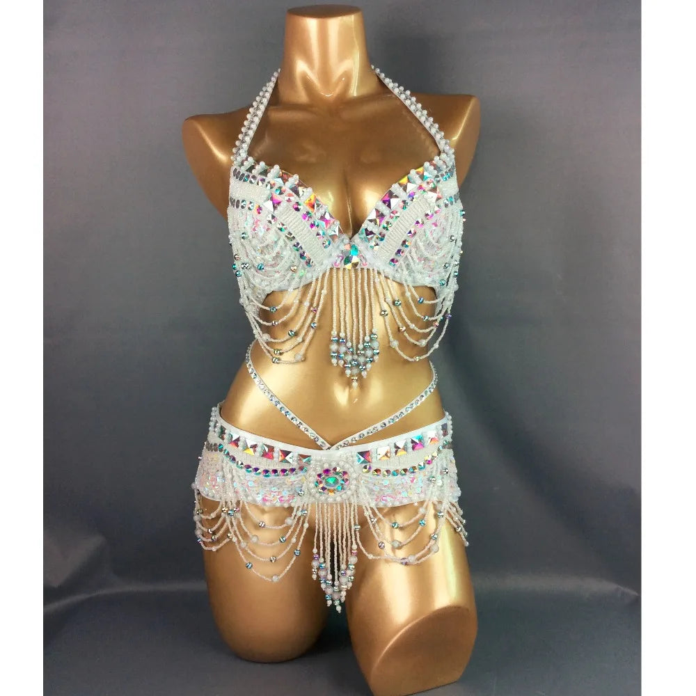 Belly Dance Costume Women's White Beaded Halter Bra and Belt Set with Iridescent Sequins and Dangling Chains