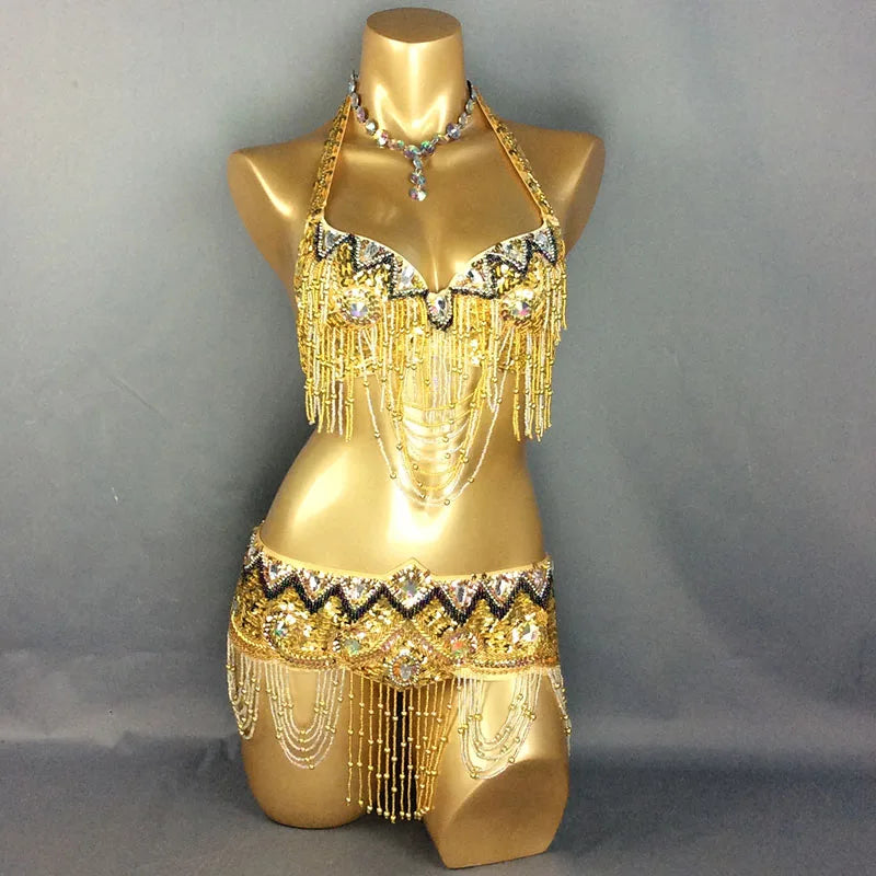 Belly Dance Costume Women Gold Sequin Beaded Fringe Halter Top and Belt Set with Rhinestone Necklace