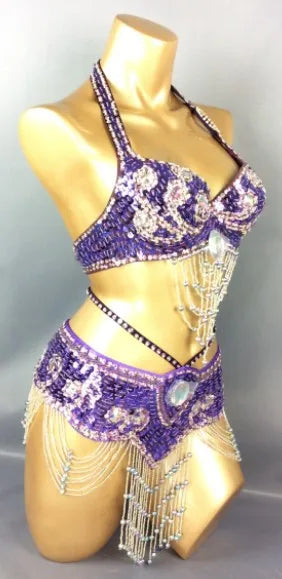 Belly Dance Costume, Women's Gold Sequin & Rhinestone Halter Bra & Hip Scarf Set with Beaded Fringe, Professional Performance Wear