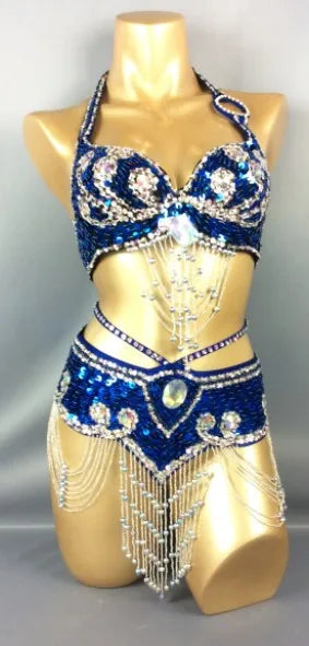 Belly Dance Costume, Women's Gold Sequin & Rhinestone Halter Bra & Hip Scarf Set with Beaded Fringe, Professional Performance Wear