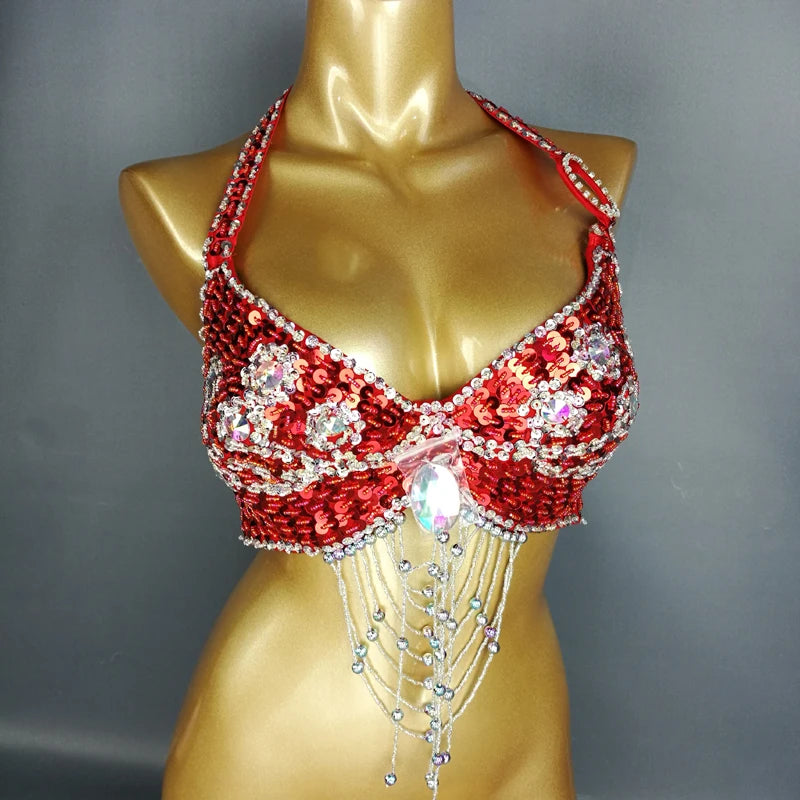 Belly Dance Halter Top, Women's Teal Sequin & Beaded Crystal Bra with Dangles, Performance Costume