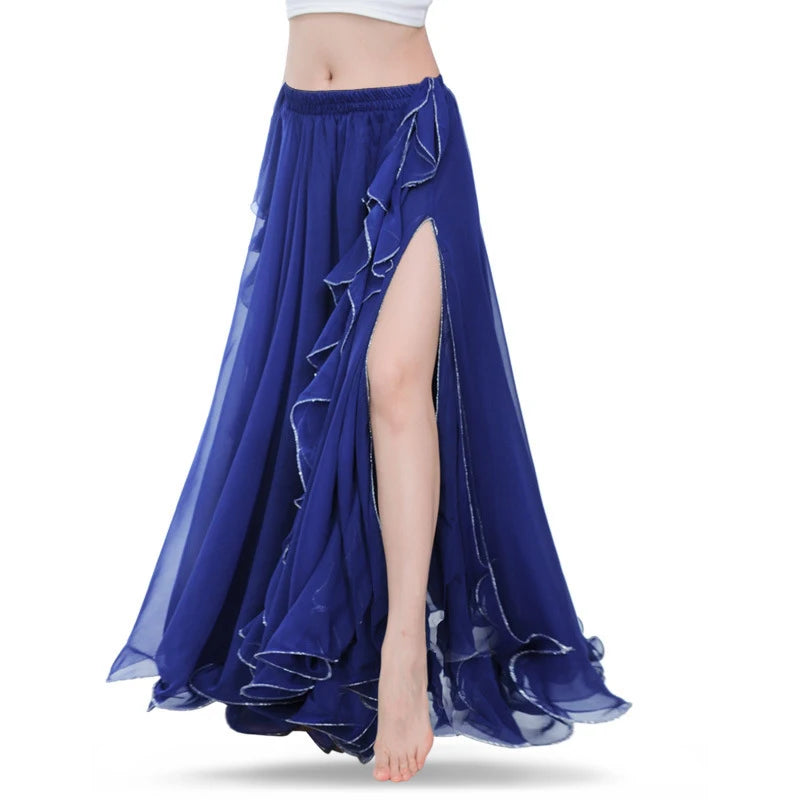 Belly Dance Skirt, Women's Royal Blue Chiffon Ruffle High Slit Maxi Skirt, Belly Dancing Performance Apparel