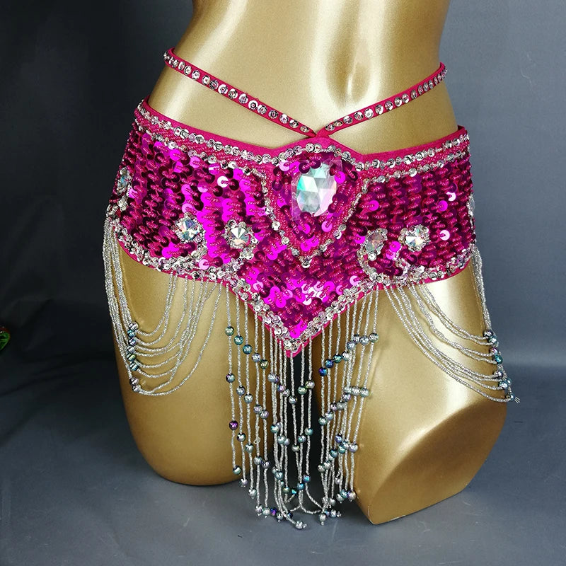 Belly Dance Hip Scarf, Women's Aqua Blue Sequin Beaded Tassel Belt, Professional Performance Costume