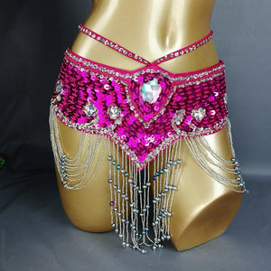 Belly Dance Hip Scarf, Women's Aqua Blue Sequin Beaded Tassel Belt, Professional Performance Costume