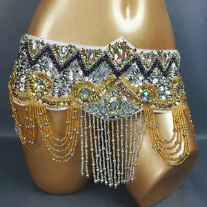 Belly Dance Hip Scarf, Women's Royal Blue Sequin & Bead Embellished Hip Belt with Gold & Iridescent Fringe, Tribal Fusion Dancewear