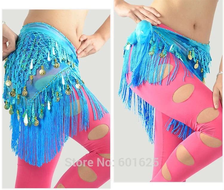 Belly Dance Hip Scarf, Women's Blue Tie-Dye Fringe & Sequin Coin Belt, Asymmetrical Tassel Skirt for Tribal Fusion & Practice