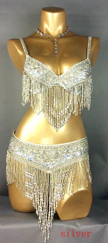 Belly Dance Bra and Belt Set, Women's Gold Sequin Beaded Fringe, Tribal Fusion Performance Costume