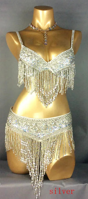 Belly Dance Bra and Belt Set, Women's Gold Sequin Beaded Fringe, Tribal Fusion Performance Costume