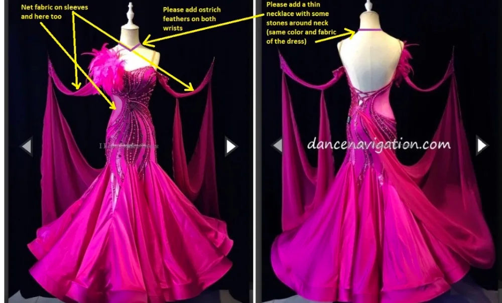 Ballroom Dance Dress Women's Fuchsia Beaded Ostrich Feather Net Fabric Sleeves Open Back Gown