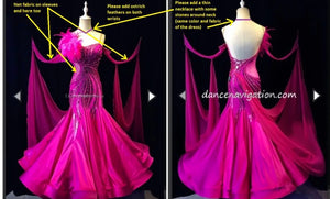 Ballroom Dance Dress Women's Fuchsia Beaded Ostrich Feather Net Fabric Sleeves Open Back Gown