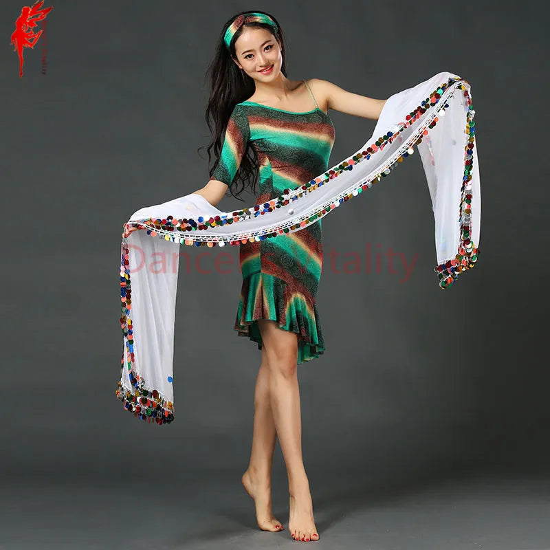 Women's Green & Brown Printed Tank Dress with White Sequin Hip Scarf, Belly Dance