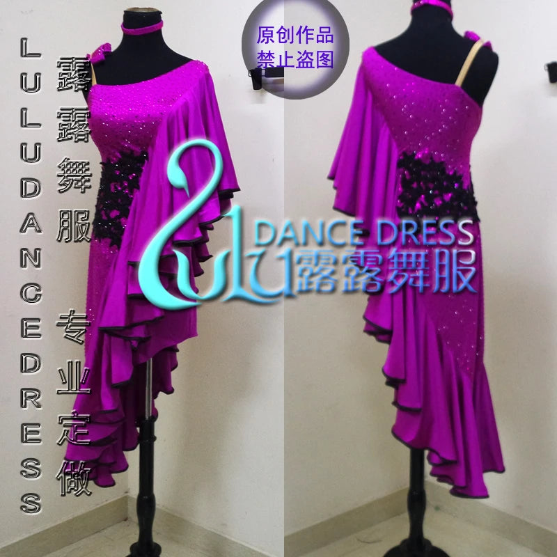 Women's Purple Sequin Asymmetrical Ruffle Latin Dance Dress