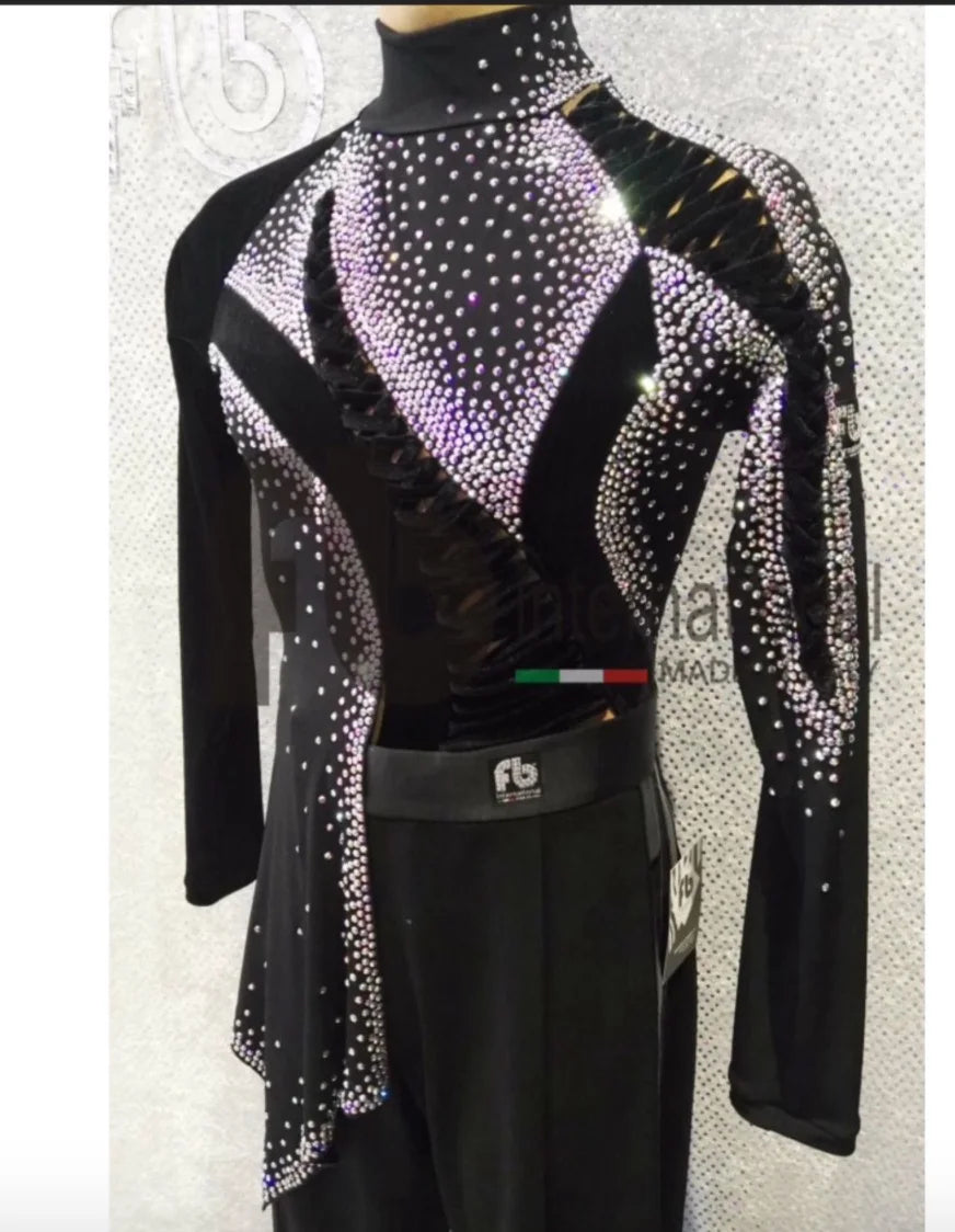 Men's Black Rhinestone Latin Ballroom Dance Shirt with Asymmetrical Design