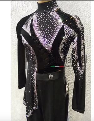 Men's Black Rhinestone Latin Ballroom Dance Shirt with Asymmetrical Design