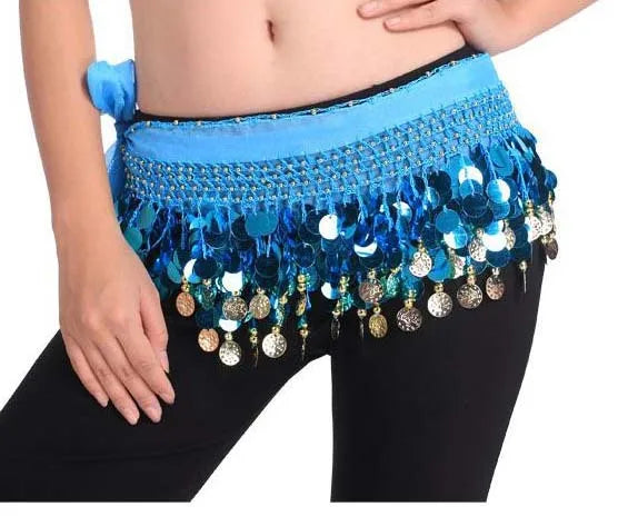 Belly Dance Hip Scarf for Women, Blue Sequin & Coin Fringe, Chiffon & Spandex, Tribal Fusion Bellydance