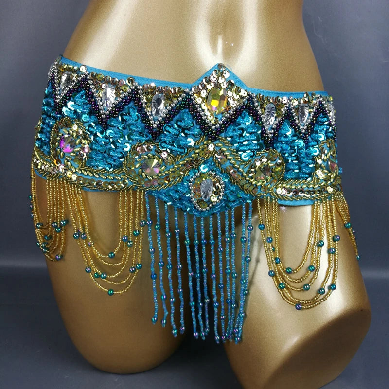 Belly Dance Hip Scarf, Women's Royal Blue Sequin & Bead Embellished Hip Belt with Gold & Iridescent Fringe, Tribal Fusion Dancewear