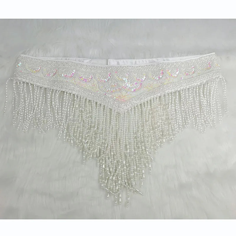 Belly Dance Hip Scarf, Women's Red Beaded Sequin Fringe Tassel Skirt, Latin Dance Costume Accessory