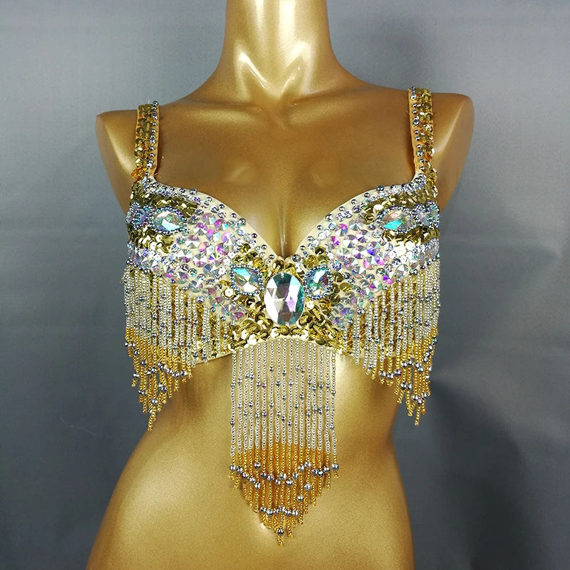 Women's Black Sequin Beaded Fringe Belly Dance Bra Top