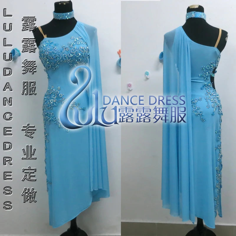 Ballroom Dance Dress, Women's Light Blue One-Shoulder Embellished Chiffon Asymmetrical Hem Gown