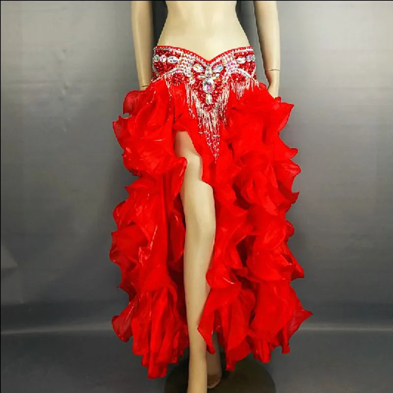 Belly Dance Skirt Women Orange Beaded Sequin Hip Scarf Ruffled Organza Slit Skirt Tribal Fusion Costume