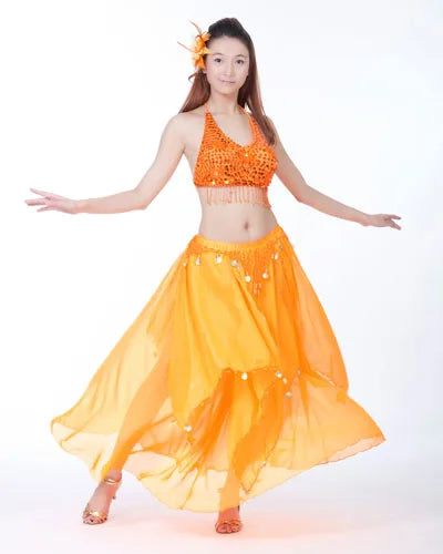 Women's Royal Blue Sequin Halter Belly Dance Costume Set with Coin Skirt
