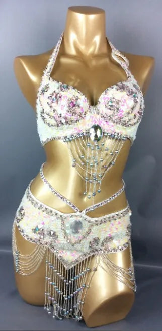 Belly Dance Costume, Women's Gold Sequin & Rhinestone Halter Bra & Hip Scarf Set with Beaded Fringe, Professional Performance Wear