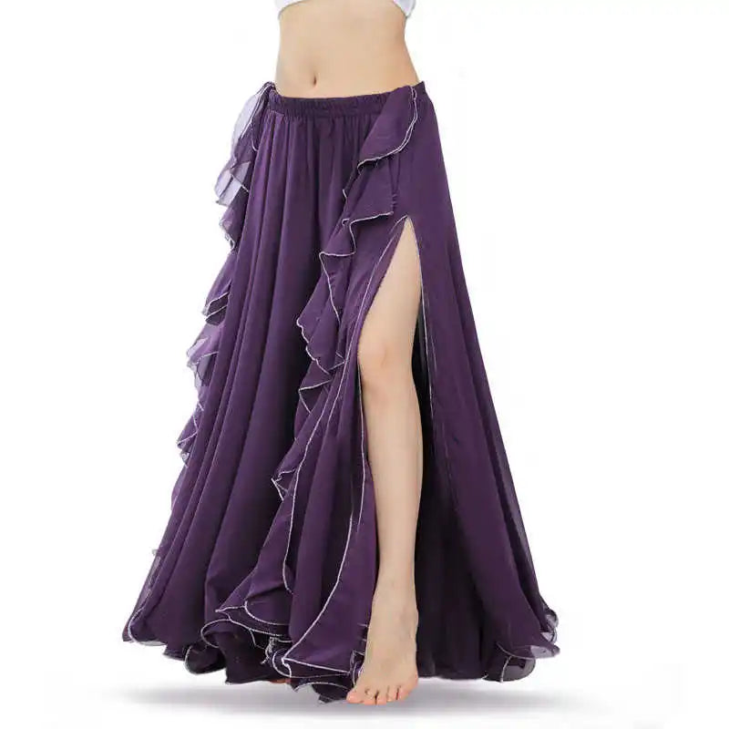 Belly Dance Skirt, Women's Royal Blue Chiffon Ruffle High Slit Maxi Skirt, Belly Dancing Performance Apparel