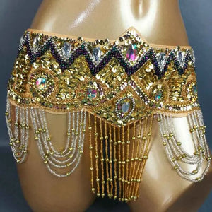 Belly Dance Hip Scarf, Women's Royal Blue Sequin & Bead Embellished Hip Belt with Gold & Iridescent Fringe, Tribal Fusion Dancewear