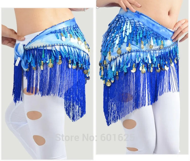 Belly Dance Hip Scarf, Women's Blue Tie-Dye Fringe & Sequin Coin Belt, Asymmetrical Tassel Skirt for Tribal Fusion & Practice