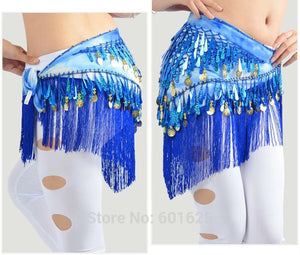 Belly Dance Hip Scarf, Women's Blue Tie-Dye Fringe & Sequin Coin Belt, Asymmetrical Tassel Skirt for Tribal Fusion & Practice