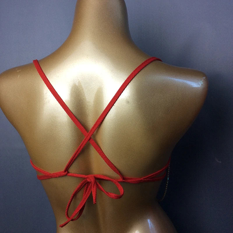 Rhinestone Heart Bra Top, Women's Red/Pink/Gold Embellished with Chains and Faux Pearls, Belly Dance/Carnival/Burlesque Costume Bra