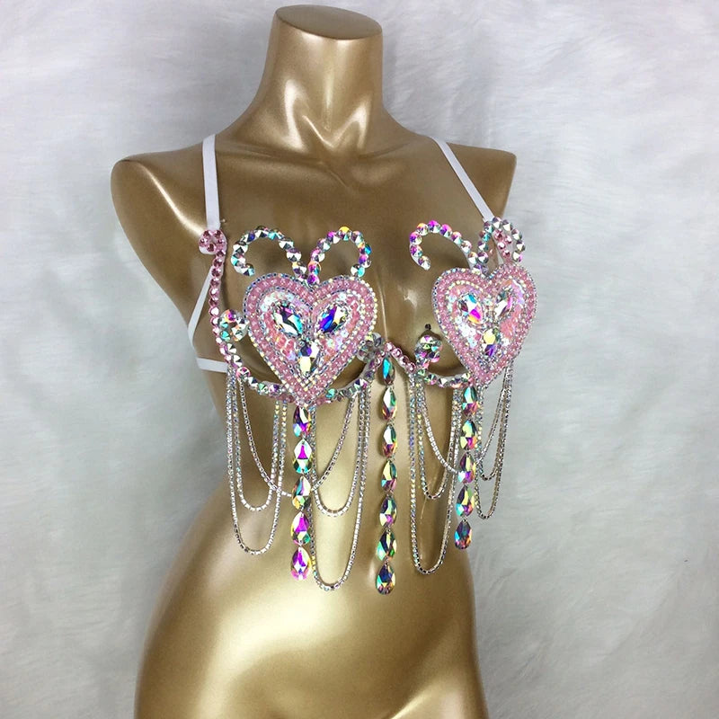 Rhinestone Heart Bra Top, Women's Red/Pink/Gold Embellished with Chains and Faux Pearls, Belly Dance/Carnival/Burlesque Costume Bra