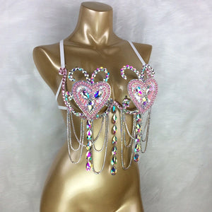 Rhinestone Heart Bra Top, Women's Red/Pink/Gold Embellished with Chains and Faux Pearls, Belly Dance/Carnival/Burlesque Costume Bra