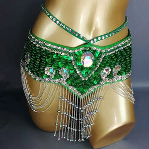 Belly Dance Hip Scarf, Women's Aqua Blue Sequin Beaded Tassel Belt, Professional Performance Costume