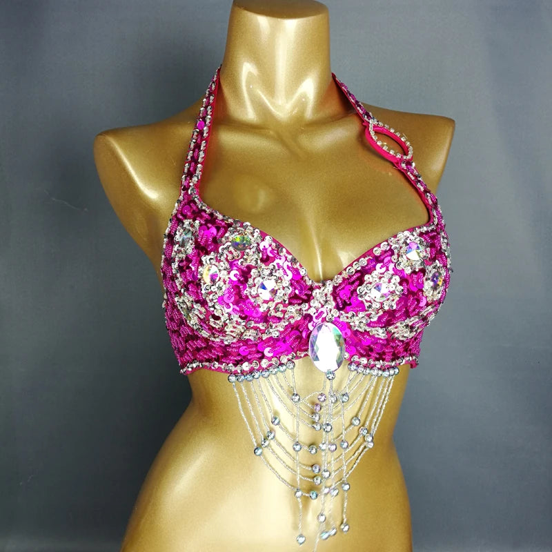 Belly Dance Halter Top, Women's Teal Sequin & Beaded Crystal Bra with Dangles, Performance Costume