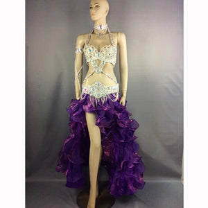 Women's White Sequin & Rhinestone Embellished Halter Neck Belly Dance Costume with Ruffled High-Low Skirt