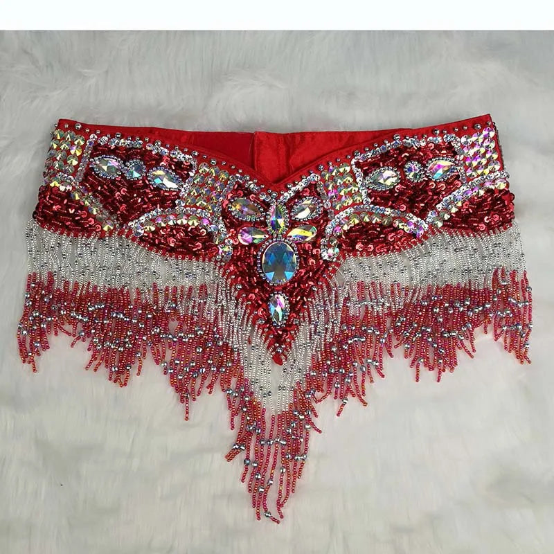 Belly Dance Hip Scarf, Women's Black & Silver Sequin Beaded Fringe Hip Belt, Tribal Dance Skirt