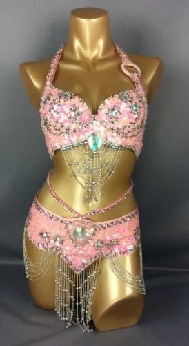 Belly Dance Costume, Women's Gold Sequin & Rhinestone Halter Bra & Hip Scarf Set with Beaded Fringe, Professional Performance Wear