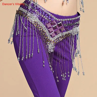 Belly Dance Hip Scarf, Women's Red Sequin & Beaded Fringe Hip Belt for Performance & Practice