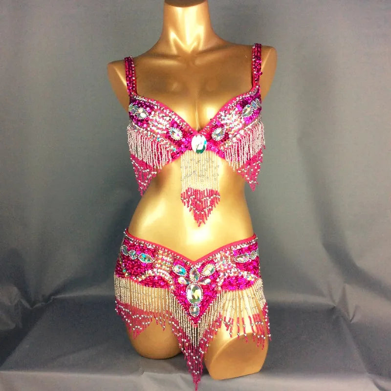 Women's Black & Silver Beaded Sequin Fringe Belly Dance Costume Set