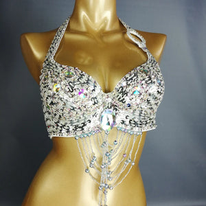 Belly Dance Halter Top, Women's Teal Sequin & Beaded Crystal Bra with Dangles, Performance Costume