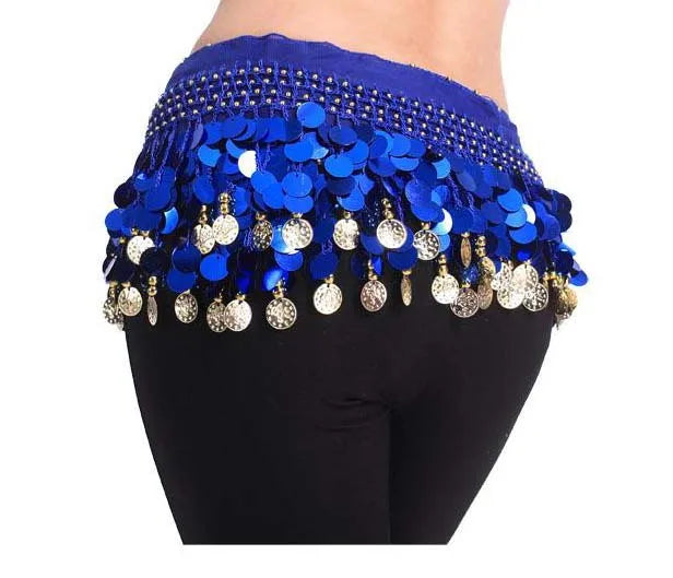 Belly Dance Hip Scarf for Women, Blue Sequin & Coin Fringe, Chiffon & Spandex, Tribal Fusion Bellydance