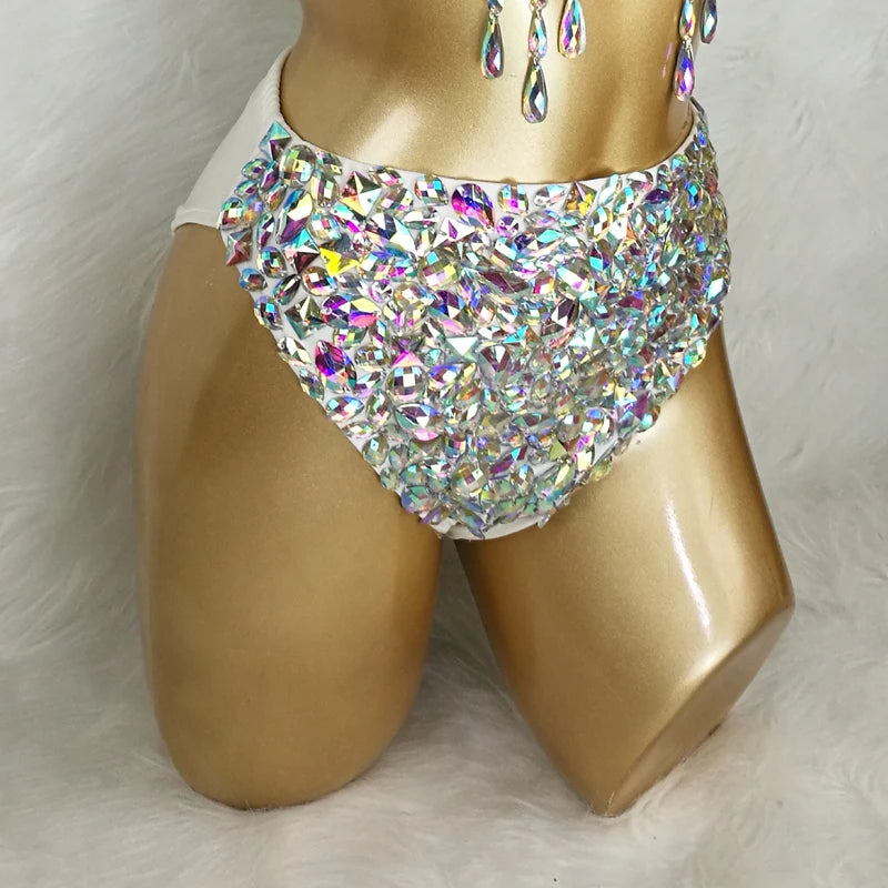 High-Waisted Women's Iridescent Rhinestone Embellished Black Dance Shorts, Crystal Studded Bottoms