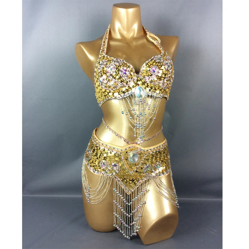 Belly Dance Costume, Women's Gold Sequin & Rhinestone Halter Bra & Hip Scarf Set with Beaded Fringe, Professional Performance Wear